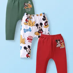 Babyhug Disney Cotton Knit Full Length Diaper Leggings With Mickey Mouse Graphics Pack Of 3 - Dark Green & Red-picture-14