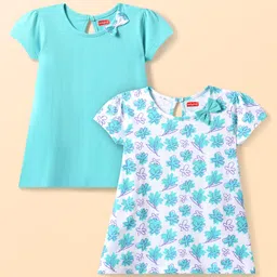 Babyhug Single Jersey Knit Half Sleeves Solid & Floral Printed Dresses With Bow Applique Pack of 2 - Aqua Blue & White-picture-29