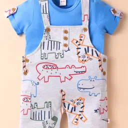 WOW Clothes Interlock Knit Half Sleeves T-Shirt & Dungaree with Animal Print - Grey & Blue-picture-13