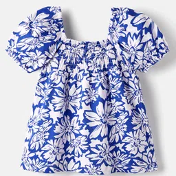 Babyhug Cotton Knit Half Puffed Sleeves Top with Floral Print & Smocking - Blue-image-72