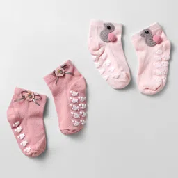 Babyoye Cotton Bamboo Knit Socks With Floral & Birds Applique Pack Of 2 - Pink & Baby Pink-image-63