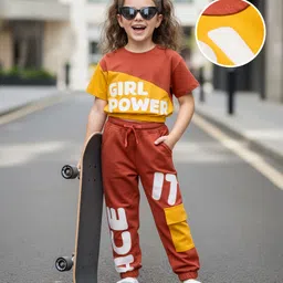 OLLINGTON ST. Cotton Half Sleeves Text Print Top & Joggers Set - Multicolor image 1