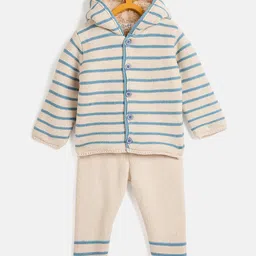 JWAAQ Cotton Knit Full Sleeves Striped Hooded Sweater With Pant Set - Ecru-image-59