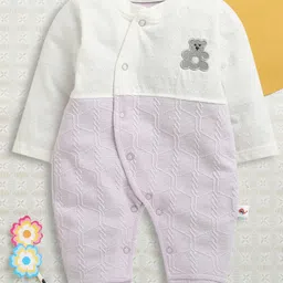 BUMZEE Cotton Knit Full Sleeves Front Open Romper with Teddy Bear Embroidery - Lavender & White-picture-13