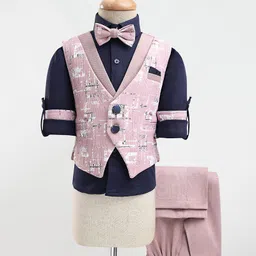Rikidoos Full Sleeves Abstract Printed 3 Piece Party Suit With Bow Set - Navy Blue & Onion Pink-picture-33