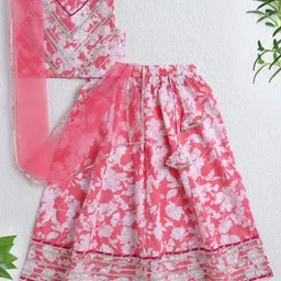 The Magic Wand Cotton Woven Sleeveless Floral Printed Lehenga Choli With Dupatta Set - Peach-picture-16