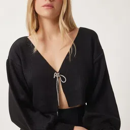 Happiness istanbul Women Drop-Shoulder Sleeves Tie-Up Crop Cardigan image 5