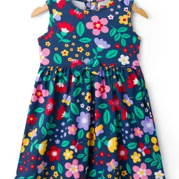 Babyhug Single Jersey Knit Frock & Half Sleeves Shrug With Floral Print & Bow Applique - Navy Blue & Pink image 2