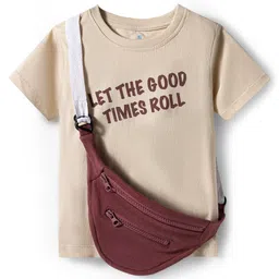 OLLINGTON ST. Cotton Half Sleeves Printed T-Shirt & Joggers Set With Sling Bag -Beige & Dark Brown image 3