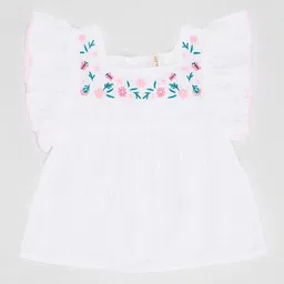 Pantaloons Baby Cotton Woven Flutter Sleeves Floral & Butterfly Embroidered Peplum Top - White image 4