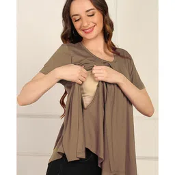 Zelena 95% Viscose 5% Lycra Half Sleeves Solid Maternity Top With Side Open Nursing Access - Mocha image 4