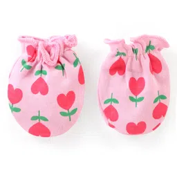 Babyhug 100% Cotton Knit Floral Printed Cap Mittens & Booties Set Pink - Diameter 9.5 cm image 5