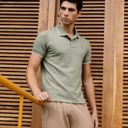 campus sutra Men Self Design Polo Neck Cotton Blend Green T-Shirt image 2