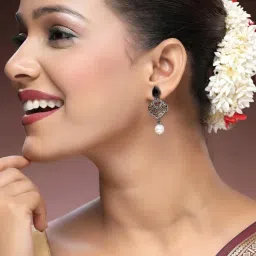 ADIVA Rhodium-Plated Black and Cz Stones Embellished Classic Drop Earrings-image-1
