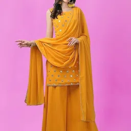PARROT CREATION Geometric Embroidered Georgette Straight Kurti With Palazzo & Dupatta-picture-10