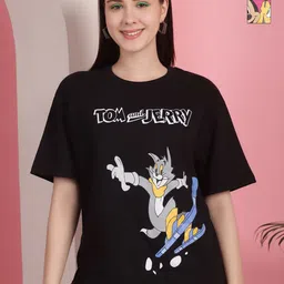Dreambe Women Pack of 2 Tom & Jerry Typography Printed Cotton Oversized T-shirts-picture-28