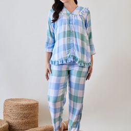 The Kaftan Company Women V-Neck Checked Night Suit-picture-46