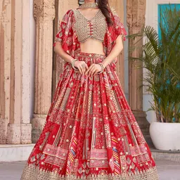 FABPIXEL Prrinted Zari Chinnon Silk Semi-Stitched Lehenga & Unstitched Blouse With Dupatta-picture-16