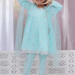 Little Bansi Girls Floral Printed Regular Pure Cotton Kurta with Pyjamas & With Dupatta-picture-1