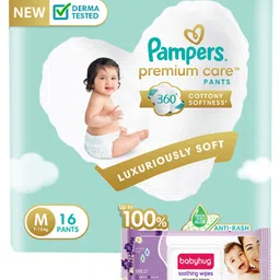 Pampers Premium Care Pants, Medium size baby diapers (MD), 16 Count, Softest ever Pampers pants & Babyhug Soothing Lavender & Chamomile Wipes - 72 Pieces-picture-25