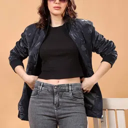 FEYONA Women Stand Collar Camouflage Printed Lightweight Bomber Jacket-image-3