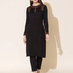 KEIKO Geometric Woven Design Round Neck Jacquard Weave Acrylic Straight Kurtas-picture-10