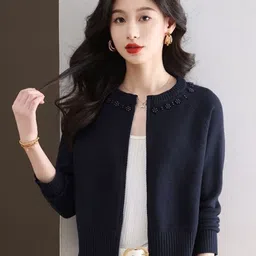 StyleCast Women Self Design Round Neck Front-Open Sweaters image 2