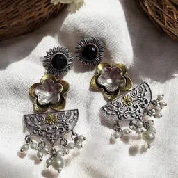 Anouk German Silver Silver-Plated Artificial Beaded Contemporary Drop Earrings image 1