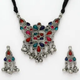 Moedbuille Silver-Plated Oxidised Ghungroo-Studded Meenakari Jewellery Set image 5