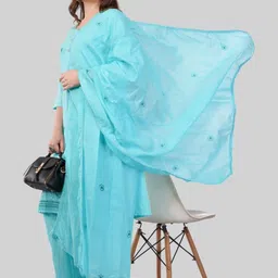 EELIKA Women Ethnic Motifs Embroidered Pure Cotton Straight Kurta with Trousers & Dupatta image 3