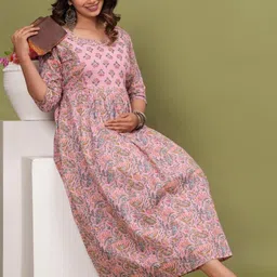 Style Heaven Women Pink Floral Printed Gotta Patti Pure Cotton Maternity Angrakha Kurti-picture-32
