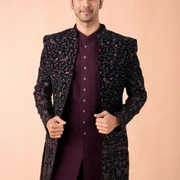 Manyavar Men Embroidered Mandarin Collar Indo Western Sherwani Set-image-48