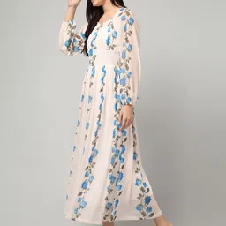 clobug Women Floral Print Off-Shoulder Puff Sleeve Net Fit & Flare Midi Dress image 2