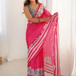 Mitera Floral Printed Mirror Work Pure Chiffon Saree image 4