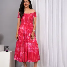 IQRAAR Women Tie and Dye Dyed Smocked Off-Shoulder Fit and Flare Midi Dress-image-67