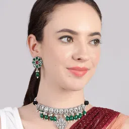 Bamboo Tree Jewels Silver-Plated Stone Studded & Beaded Jewellery Set image 4