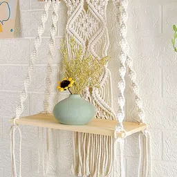 Aain Floating Boho Macrame Wooden Wall Hanging Shelf-picture-19