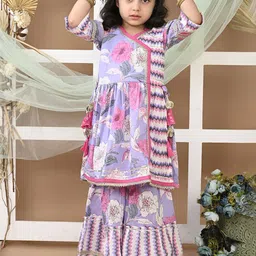 LIL PITAARA Girls Floral Printed Angrakha Gotta Patti Pure Cotton Kurti with Sharara image 1
