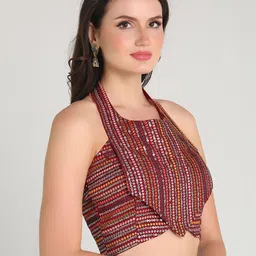 HERE&NOW Embroidered Silk Halter Neck Padded Saree Blouse image 5