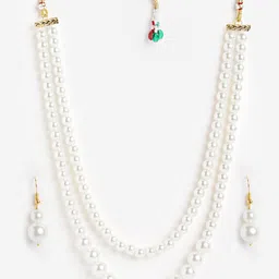 DressBerry Gold Plated Double Layered Pearl Long Necklace with Earring Set-image-35