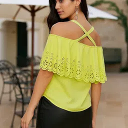 Moda Rapido Women Lime Green Solid Polyester Off-Shoulder Casual Top image 2