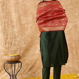 Indo Era Floral Yoke Design Straight Sequinned Liva Kurta with Trousers & Dupatta image 3