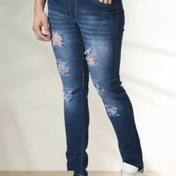 LINARIA Men Classic Slim Fit Mildly Distressed Light Fade Cotton Jeans-picture-4