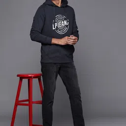 Louis Philippe Jeans Men Navy Blue & White Pure Cotton Printed Hooded Sweatshirt-image-66