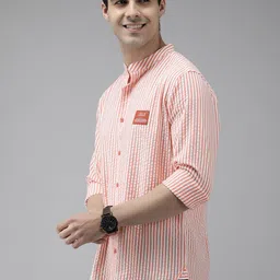 THE BEAR HOUSE Ardor Edition Men Peach-Coloured Slim Fit Pinstripes Cotton Casual Shirt image 4