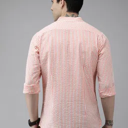 THE BEAR HOUSE Ardor Edition Men Peach-Coloured Slim Fit Pinstripes Cotton Casual Shirt image 5