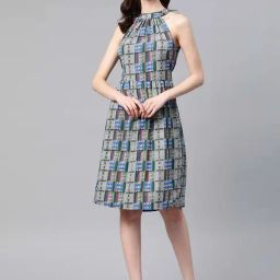 Cottinfab Grey & Green Printed A-Line Crepe Dress-picture-45