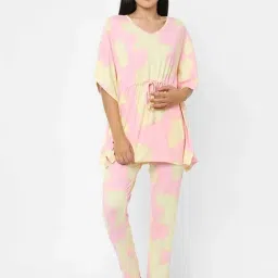Sweet Dreams Pink & Yellow Printed Short Kaftan Pyjamas Set-image-77