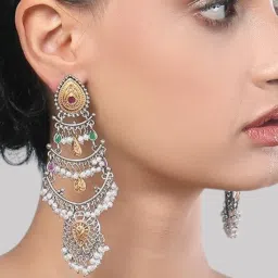 Auraa Trends Antique Oxidized Silver Multi-Layer Pearl And Kundan Chandbali Earrings For Women-picture-38