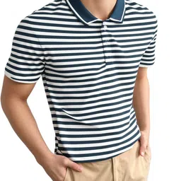 mack jonney Men's Striped Cotton Rich Collar Neck T Shirt | Collar Tshirts | Half Sleeves | Striped-Regular Fit-MM485-nw image 1